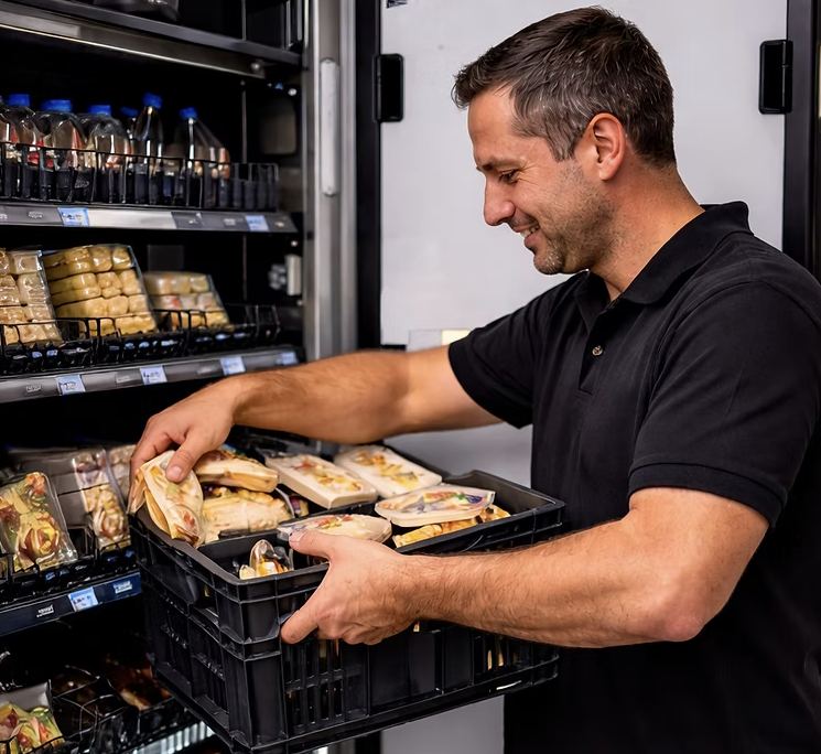 Florian Kuhl befüllt einen Automaten mit frischen Sandwiches und Wraps